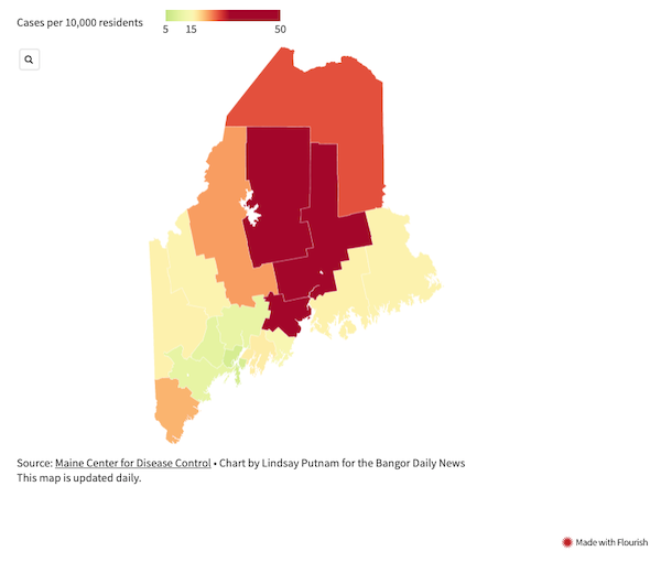 Interactive Map of COVID-19 reported cases in Maine