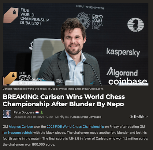 FIDE World Championship Nov 2021 results