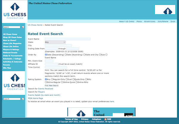 United States Chess Federation tool to search for rated event results